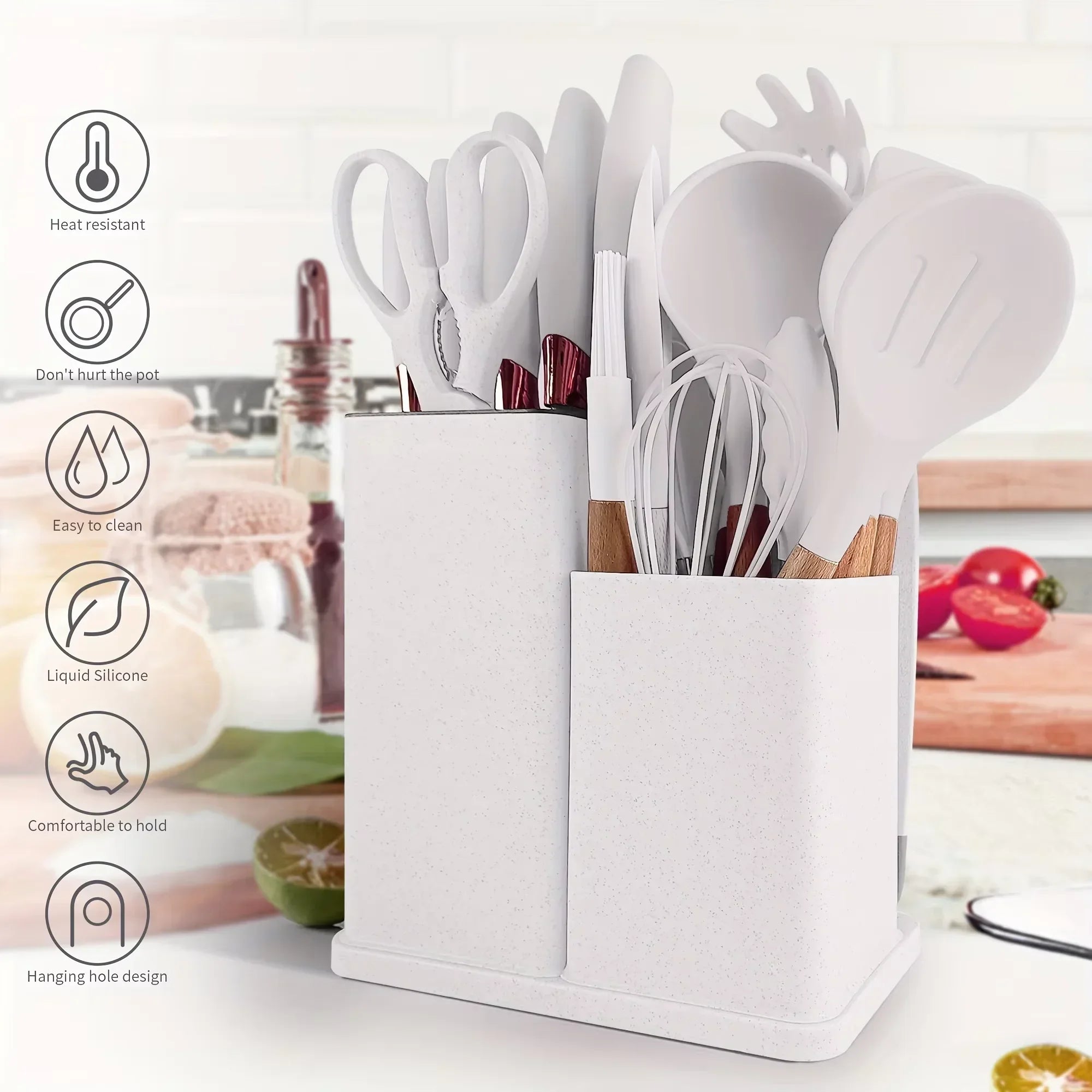 19 Pcs Non-Stick Silicone Kitchen Utensil Set with Knives Heat-Resistant Tools in Bamboo Storage Perfect for Cooking