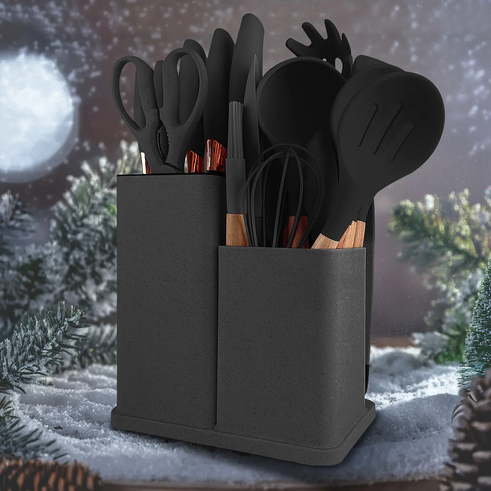 19 Pcs Non-Stick Silicone Kitchen Utensil Set with Knives Heat-Resistant Tools in Bamboo Storage Perfect for Cooking