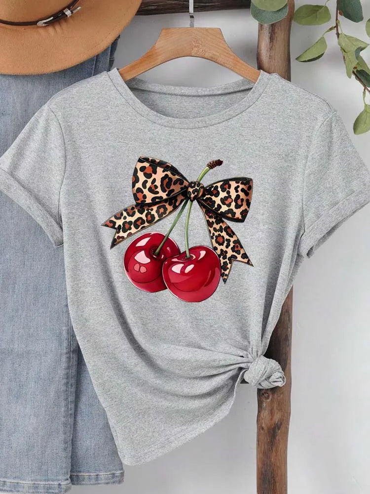 Fashion Cherry Print Women T-Shirt Short Sleeve Crew Neck Casual Tops for Summer Spring Women's Clothing Tops Tees