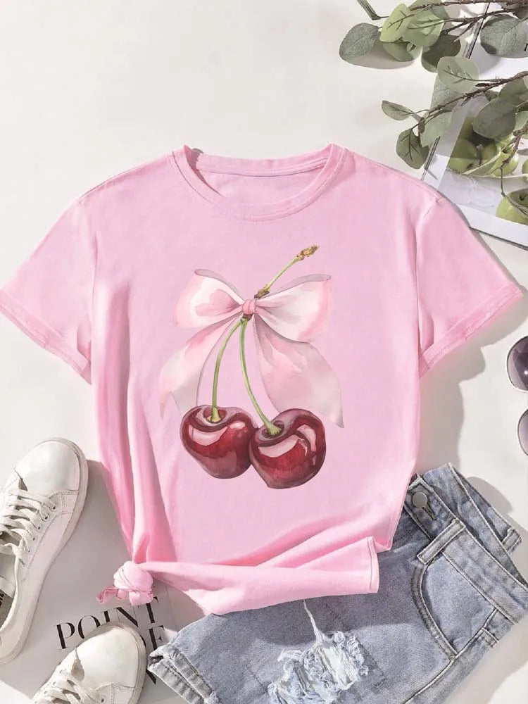 Fashion Cherry Print Women T-Shirt Short Sleeve Crew Neck Casual Tops for Summer Spring Women's Clothing Tops Tees