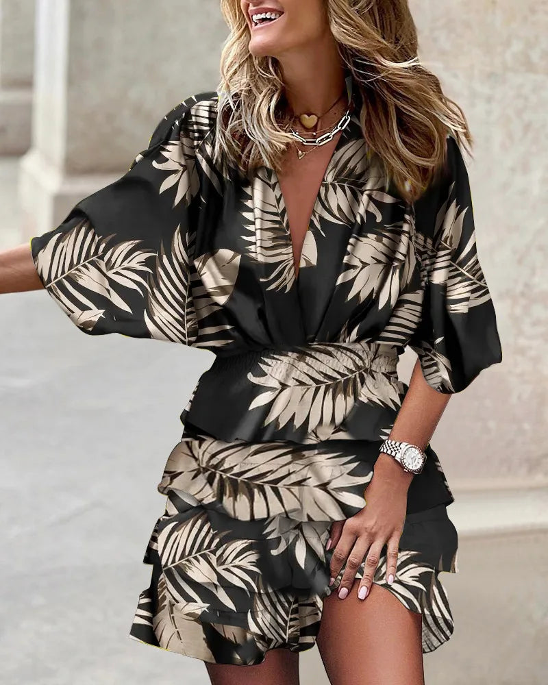 Women's Sport Dress V-Neck Loose Batwing Sleeve Elastic Waist Printed Dress Mini Casual Ruffle Hem Dresses