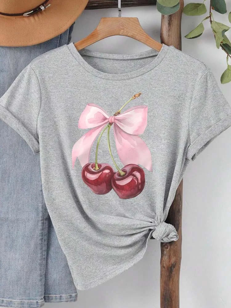 Fashion Cherry Print Women T-Shirt Short Sleeve Crew Neck Casual Tops for Summer Spring Women's Clothing Tops Tees
