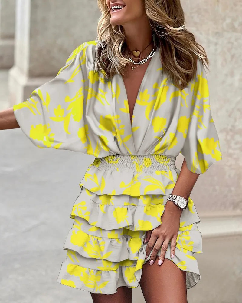 Women's Sport Dress V-Neck Loose Batwing Sleeve Elastic Waist Printed Dress Mini Casual Ruffle Hem Dresses
