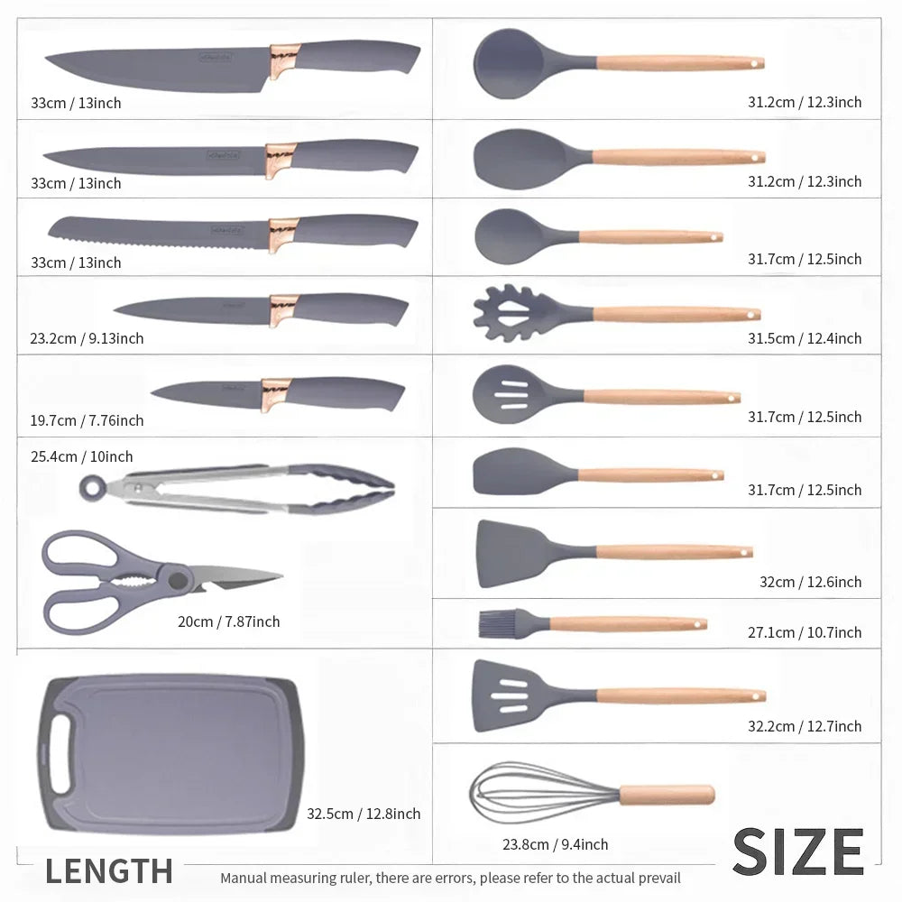 19 Pcs Non-Stick Silicone Kitchen Utensil Set with Knives Heat-Resistant Tools in Bamboo Storage Perfect for Cooking