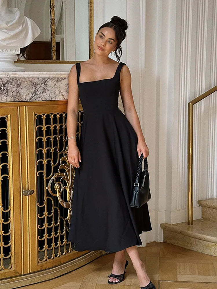Summer Pleated A-line Midi Dress Women's Casual Lace Up Loose High Waist Solid Robes 2025 Office Lady Commute Street Vestidos