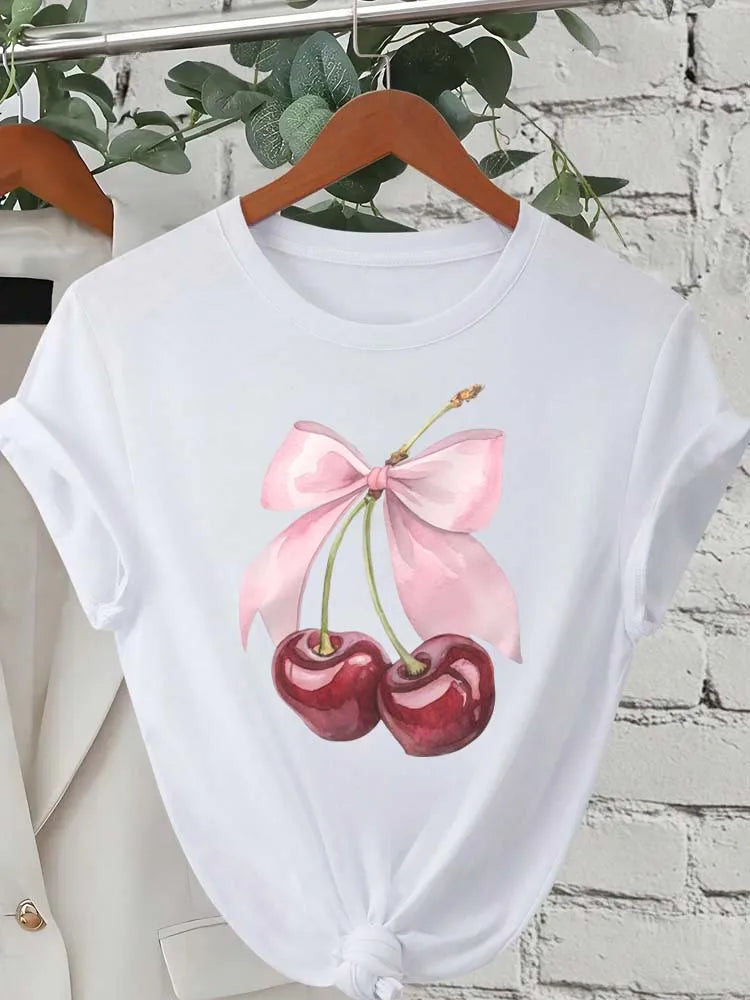 Fashion Cherry Print Women T-Shirt Short Sleeve Crew Neck Casual Tops for Summer Spring Women's Clothing Tops Tees