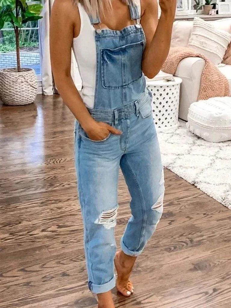Lugentolo Women Overalls New Sport Jeans Fashion Ripped Denim Female Large Size Mid-rise Straight-leg Trousers Do Old 5XL
