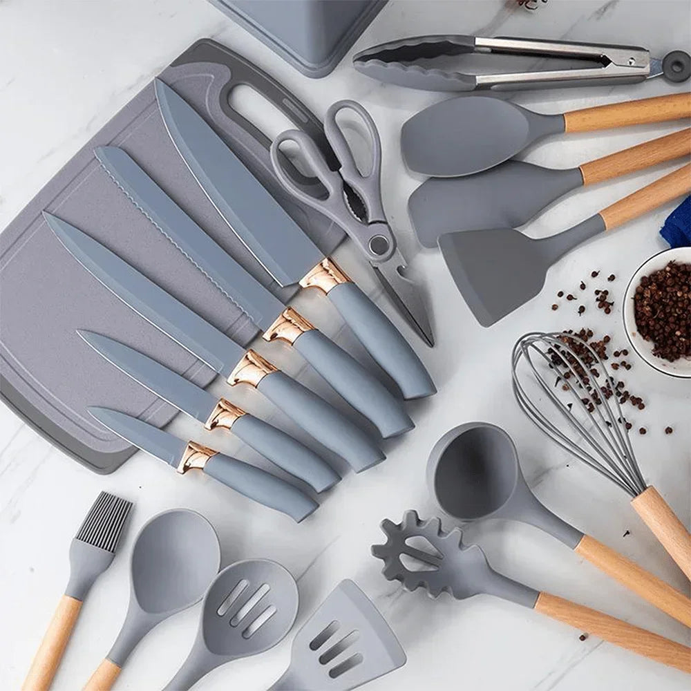 19 Pcs Non-Stick Silicone Kitchen Utensil Set with Knives Heat-Resistant Tools in Bamboo Storage Perfect for Cooking