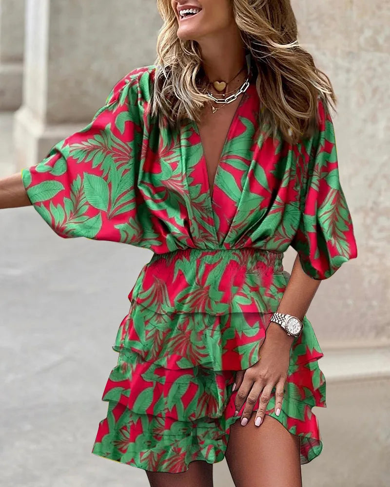 Women's Sport Dress V-Neck Loose Batwing Sleeve Elastic Waist Printed Dress Mini Casual Ruffle Hem Dresses