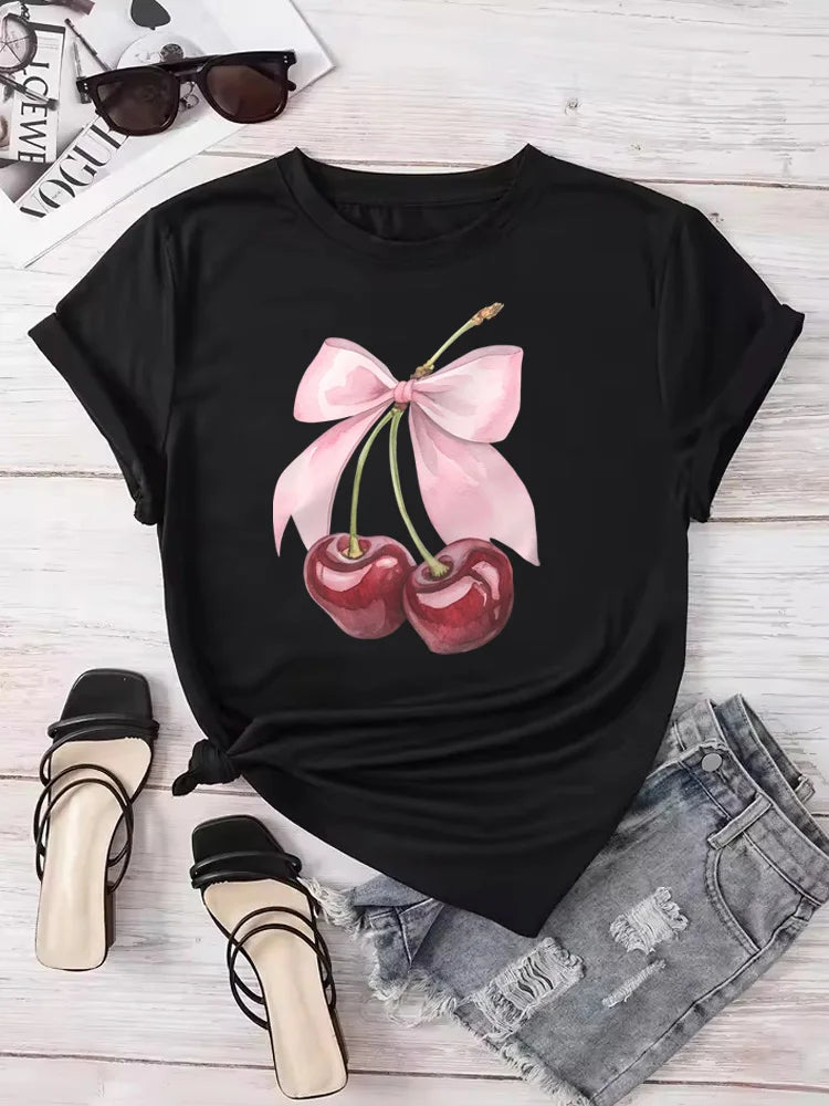 Fashion Cherry Print Women T-Shirt Short Sleeve Crew Neck Casual Tops for Summer Spring Women's Clothing Tops Tees
