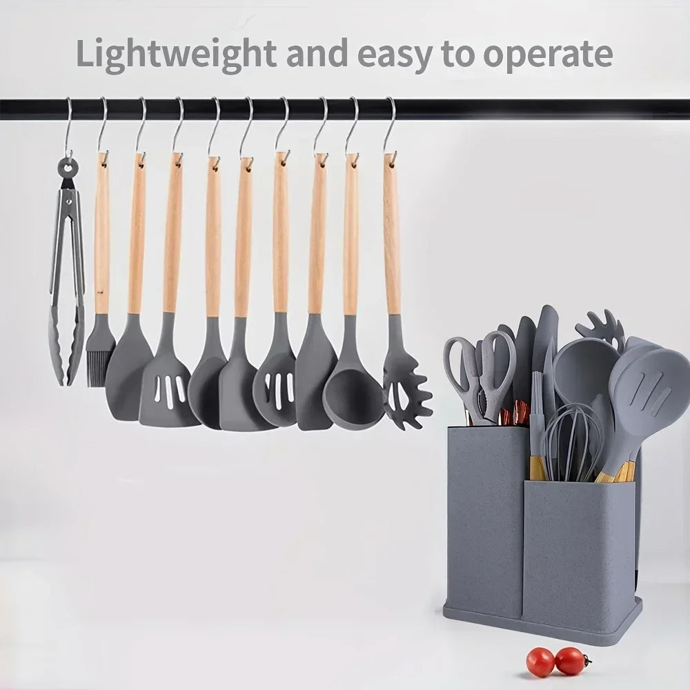 19 Pcs Non-Stick Silicone Kitchen Utensil Set with Knives Heat-Resistant Tools in Bamboo Storage Perfect for Cooking