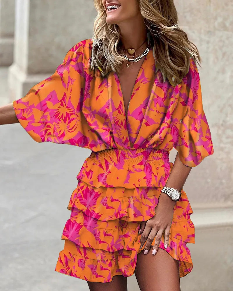 Women's Sport Dress V-Neck Loose Batwing Sleeve Elastic Waist Printed Dress Mini Casual Ruffle Hem Dresses