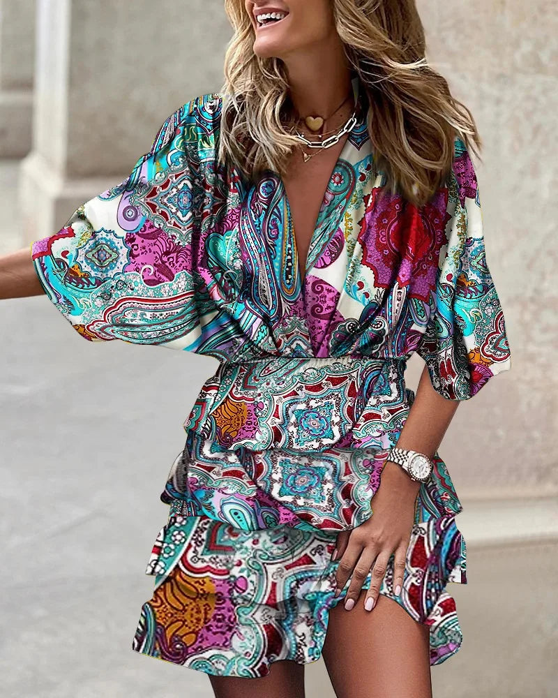 Women's Sport Dress V-Neck Loose Batwing Sleeve Elastic Waist Printed Dress Mini Casual Ruffle Hem Dresses