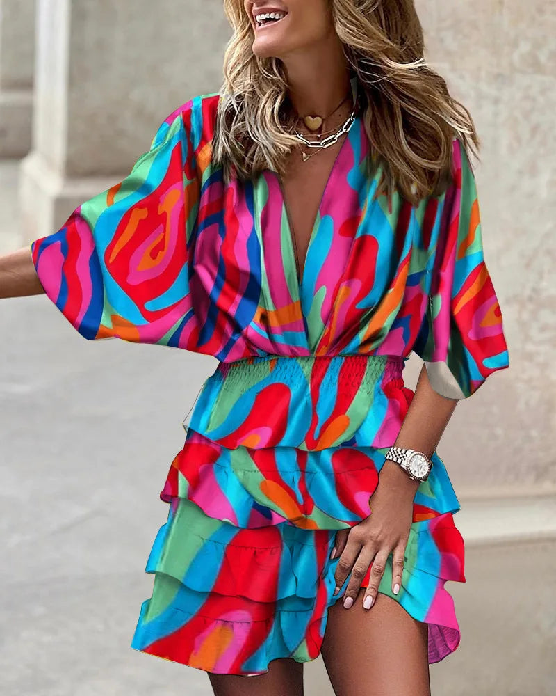 Women's Sport Dress V-Neck Loose Batwing Sleeve Elastic Waist Printed Dress Mini Casual Ruffle Hem Dresses