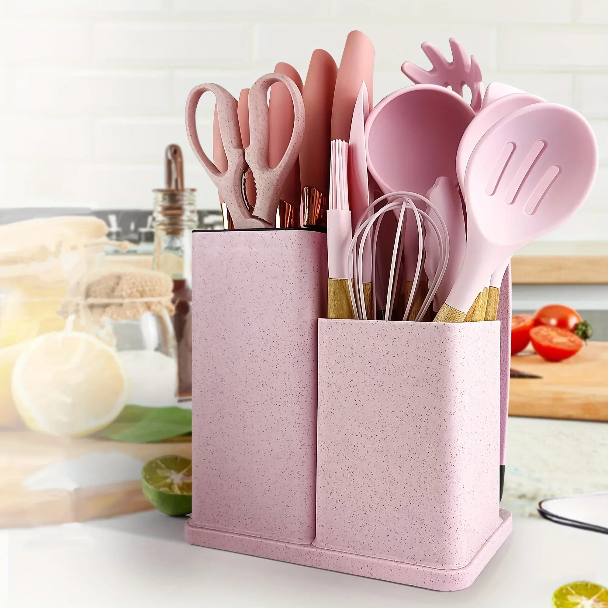 19 Pcs Non-Stick Silicone Kitchen Utensil Set with Knives Heat-Resistant Tools in Bamboo Storage Perfect for Cooking