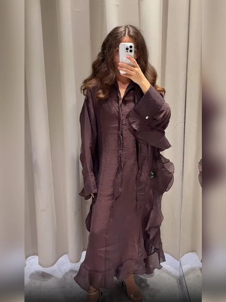 Summer Pleated A-line Midi Dress Women's Casual Lace Up Loose High Waist Solid Robes 2025 Office Lady Commute Street Vestidos