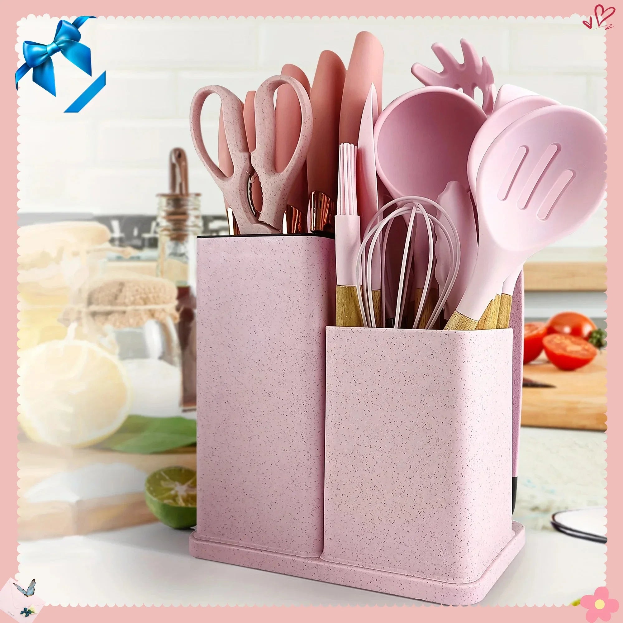 19 Pcs Non-Stick Silicone Kitchen Utensil Set with Knives Heat-Resistant Tools in Bamboo Storage Perfect for Cooking