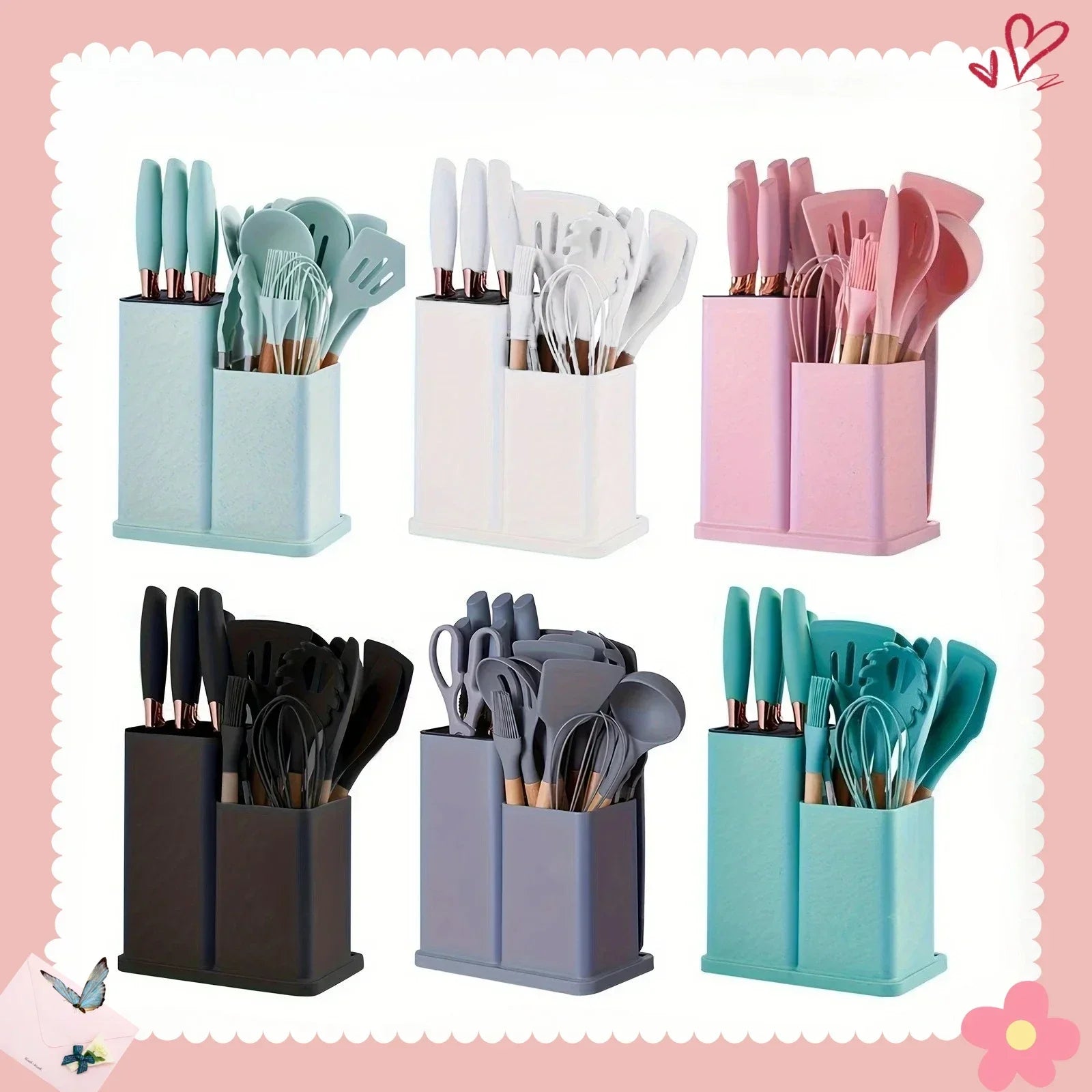 19 Pcs Non-Stick Silicone Kitchen Utensil Set with Knives Heat-Resistant Tools in Bamboo Storage Perfect for Cooking